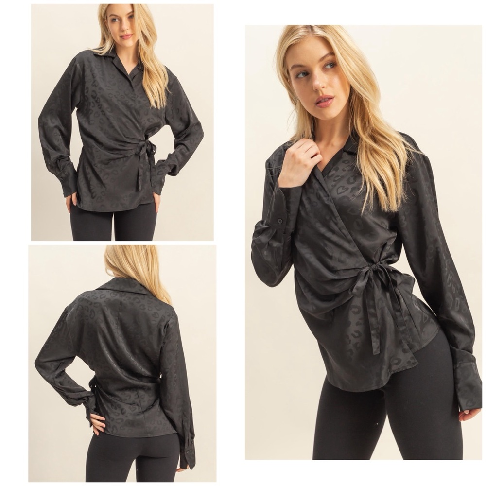 Elegant Black Leopard Shadow Print Wrap Blouse